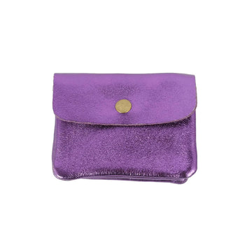 A metallic purple coloured coin purse with a flap closure.