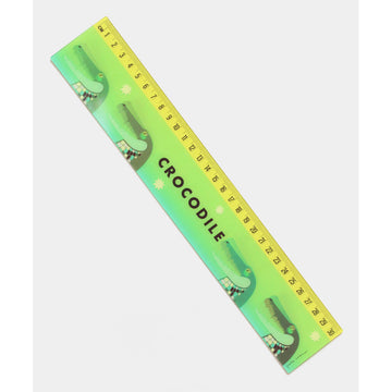 A ruler with moving images of crocodiles against a green background.