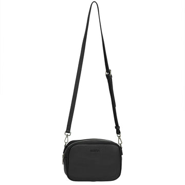 An image of the front of a black crossbody bag.