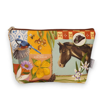 Front view of a cotton travel pouch illustrated with a horse, flowers and a bird.
