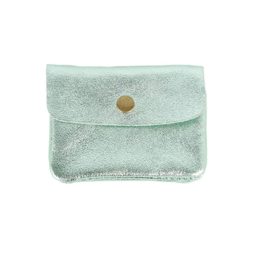 A metallic mint coloured coin purse with a flap closure.