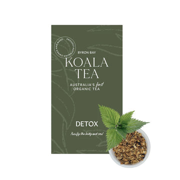 An olive green box with white writing next to a bowl full of loose leaf tea and a sprig of mint.