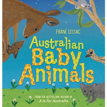 'Australian Baby Animals' book cover featuring an illustration of different animals including a kangaroo, possum and emu in a grass field.
