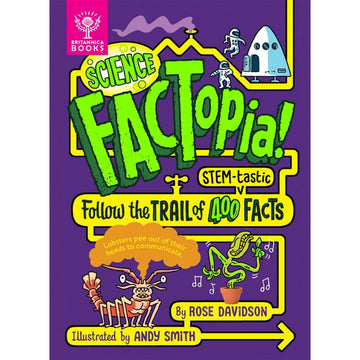 Book cover of 'Science Factopia!' with colorful text and graphics on a purple background.
