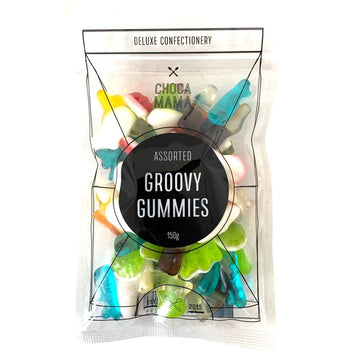 A clear bag filled with gummy lollies and the title 'Groovy Gummies' in a black circle on the front.