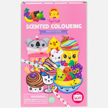 Front cover of a pink box titled 'Scented Colouring Fruity Cutie'  with illustrations of fruits and sweets with smiley faces.