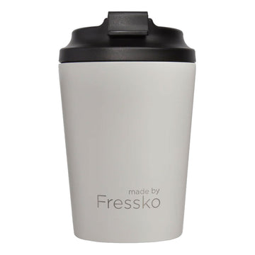 White coffee tumbler with black lid and 'made by Fressko' text on a white background.