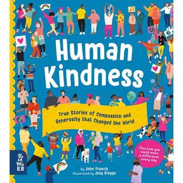 'Human Kindness' book cover featuring a blue background with illustrations of lots of different people around the border of the cover.