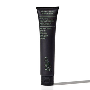 A black tube filled with hand cream and the heading 'Soothe Tube Gone Green' followed by product information.