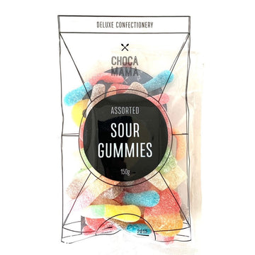 A clear bag filled with sour lollies and the title 'Sour Gummies' in a black circle on the front.