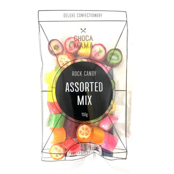A clear bag filled with rock candy and the title 'Rock Candy Assorted Mix' in a black circle on the front.