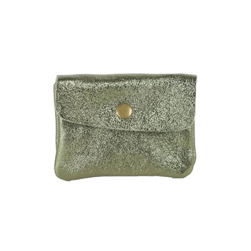 A metallic khaki coloured coin purse with a flap closure.
