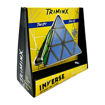 A triangle shaped puzzle inside cardboard packaging with the heading 'Triminx Twist Solve'.
