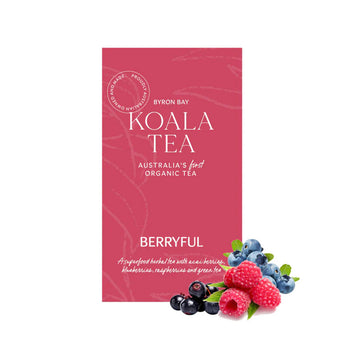 A pink box with grey writing and berries in the bottom right hand corner.