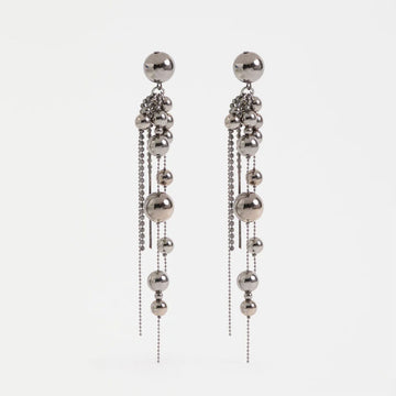 Pair of silver beaded earrings on a white background.
