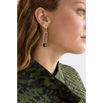 Pair of earrings with black spherical beads on a white background.