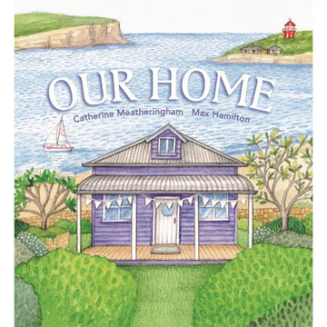'Our Home' book cover featuring an illustration of a purple house in front of a lake with greenery in front.