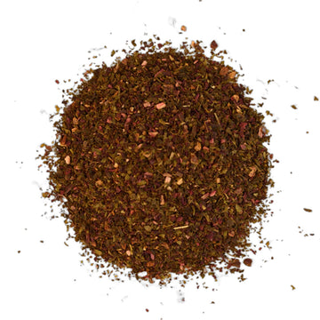 A pink box with grey writing and berries in the bottom right hand corner.