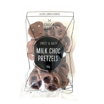 A clear bag filled with chocolate covered pretzels and the title 'Milk Choc Pretzel' in a black circle on the front.