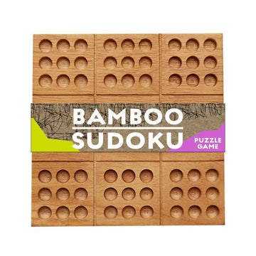 A bamboo grid board with a smaller grid of three by three circles in each square and a label across the middle with the text 'Bamboo Sudoku'.