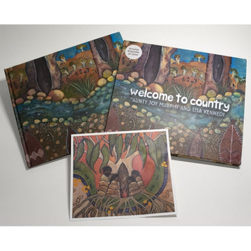 A display of a hard cover book, a slip case and a print. The book cover is illustrated with images of land including trees, rocks and the underground.