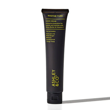 A black tube filled with hand cream and the heading 'Soothe Tube' followed by product information.