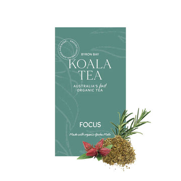 An image of a green tea box with white writing and a rosmary sprig and loose tea in the bottom right hand corner.