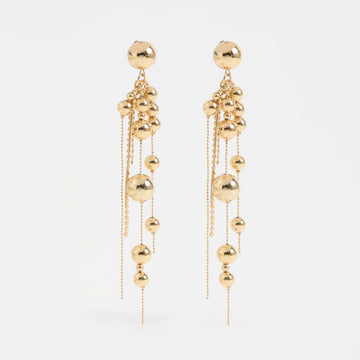 Gold chandelier earrings on a white background.