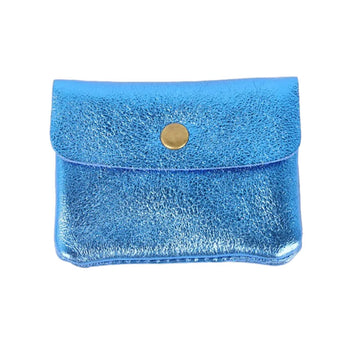 A metallic electric blue coloured coin purse with a flap closure.