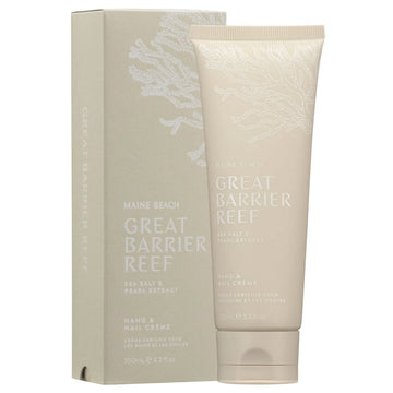 A tube of handcream next to its matching box. Both items are a cream colour with the text 'Great Barrier Reef'.