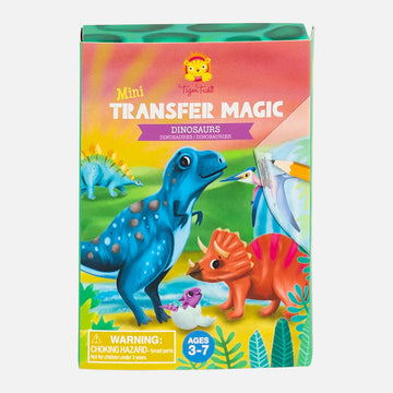 A box titled 'Mini Transfer Magic Dinosaurs' with illustrations of different coloured dinosaurs.