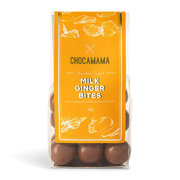 A clear bag filled with chocolate covered ginger bites with an orange product label.