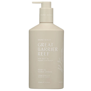 A pump bottle in a beige colour with the text 'Great Barrier Reef'.