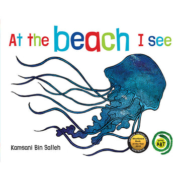 Book cover with a jellyfish illustration and colorful text 'At the beach I see' on a white background.