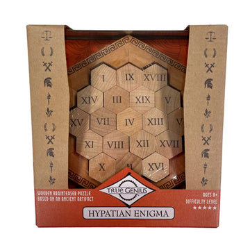 A brown box with the front cut out showing the wooden hexagon shaped board inside covered with roman numerals.