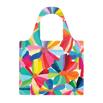 A reusable shopping bag printed with artwork of colourful flowers by Lordy Dordie.