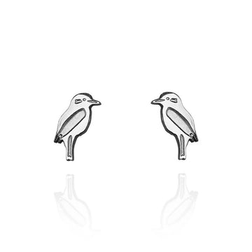 A pair of silver stud earrings shaped like kookaburras.