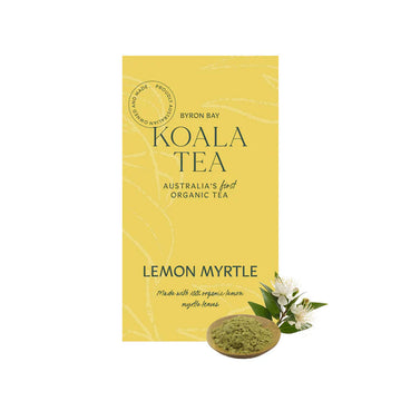 An image of a yellow tea box with Green writing and some ground up herbs in a little wooden bowl.