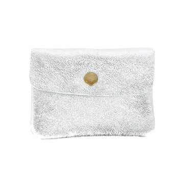 A metallic silver coloured coin purse with a flap closure.