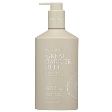A pump bottle in a beige colour with the text 'Great Barrier Reef' on the front.