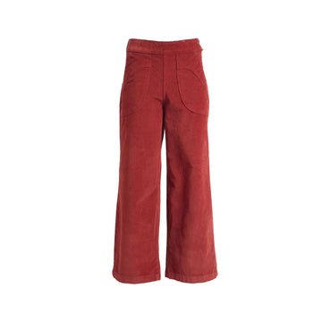 A pair of women's corduroy pants in a dark red.
