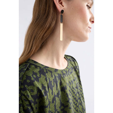 Pair of earrings with black circular tops and gold bars on a white background.