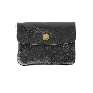 A metallic black coloured coin purse with a flap closure.