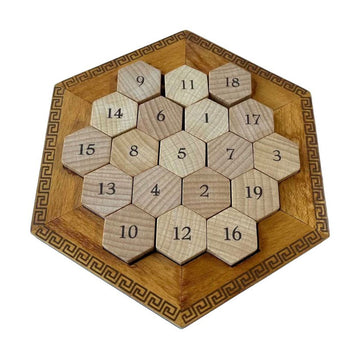 A brown box with the front cut out showing the wooden hexagon shaped board inside covered with roman numerals.
