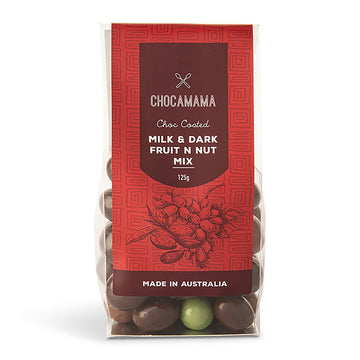 A clear bag filled with chocolate covered fruits and nuts with a red product label.