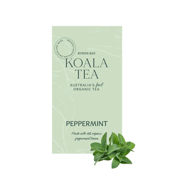 A light green tea box with dark green writing and mint leaves in the bottom right hand corner.