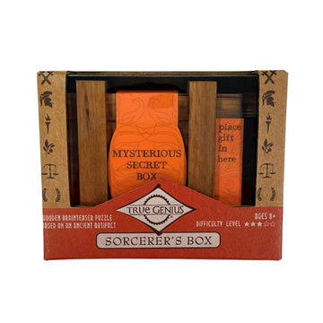 A brown cardboard box with a clear window on the front showing a wooden box inside with a label that says 'Mysterious Secret Box'.