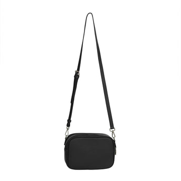 An image of the front of a black crossbody bag.