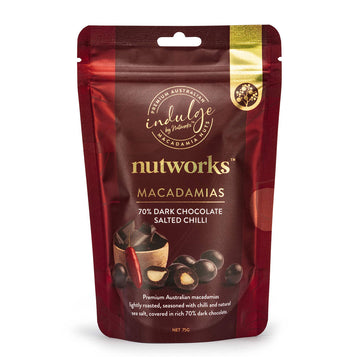 A red and brown packet with the heading 'Nutworks Macadamias 70% Dark Chocolate Salted Chilli' and a photo of chocolate covered macadamia nuts.