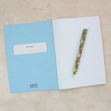 Notebook with floral design on the cover, featuring the brand 'earth greetings'.